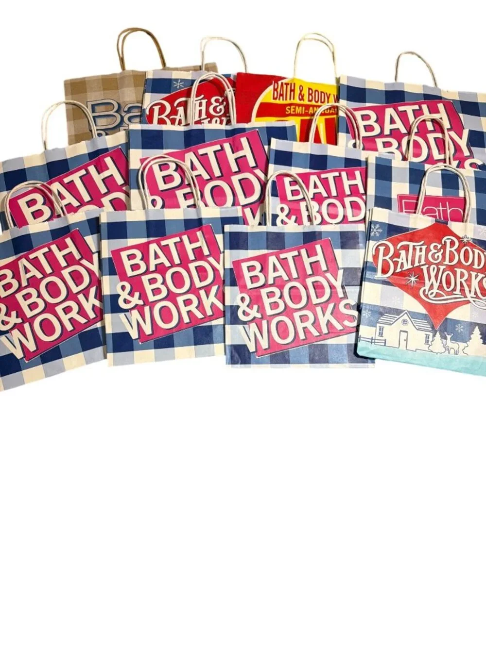 Lot of 15 Bath Body Works Paper Shopping Bags Various Sizes Colors Gingham